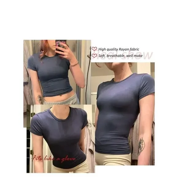 Womens Sexy Basic T Shirts Summer Short Sleeve Crewneck Slim Fit Cute Crop Sz Xs - Picture 3 of 4